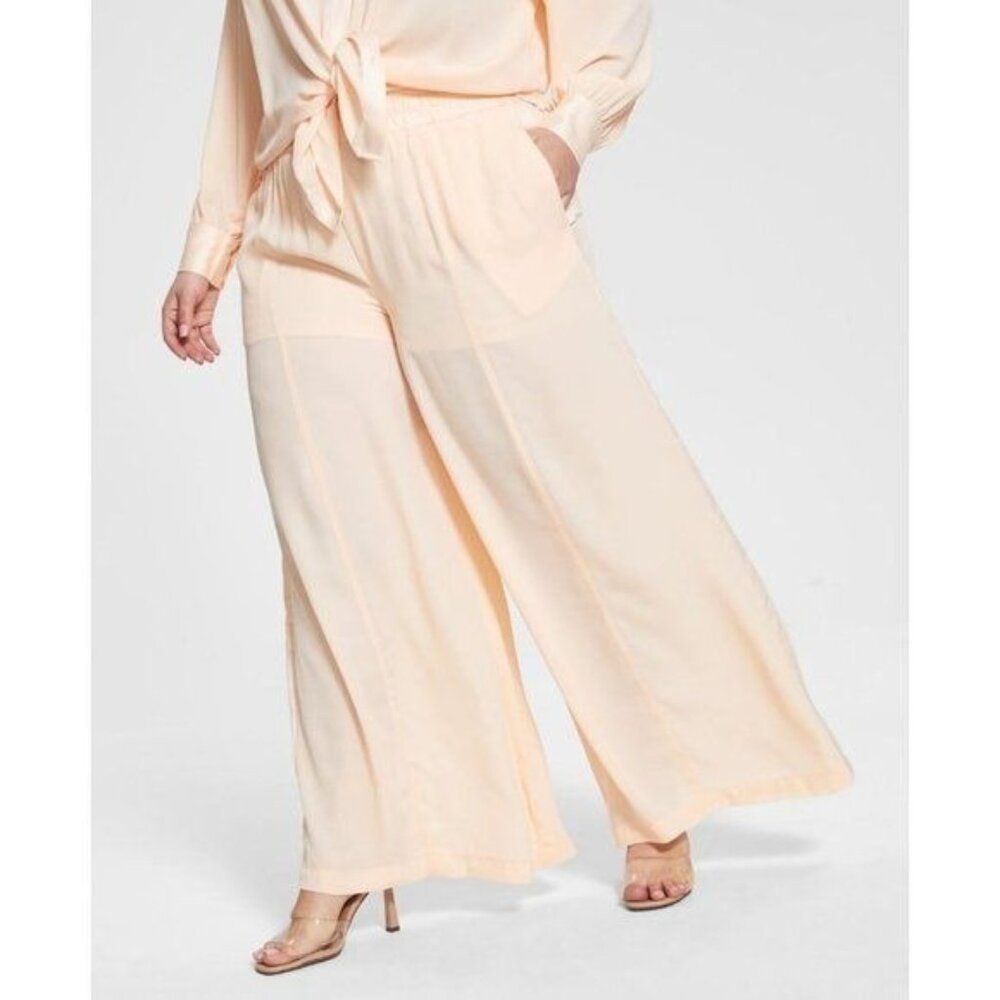 AD-2366 Nina Parker Trendy Plus Size Satin-Trim Wide-Leg Pants Pink Size 0X